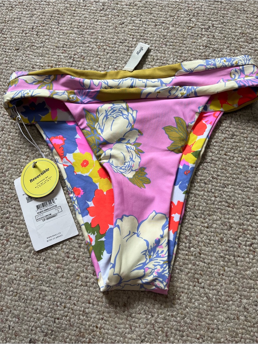 Maaji Pink Multi Floral high rise high leg Reversible Bikini Bottom cheeky fit